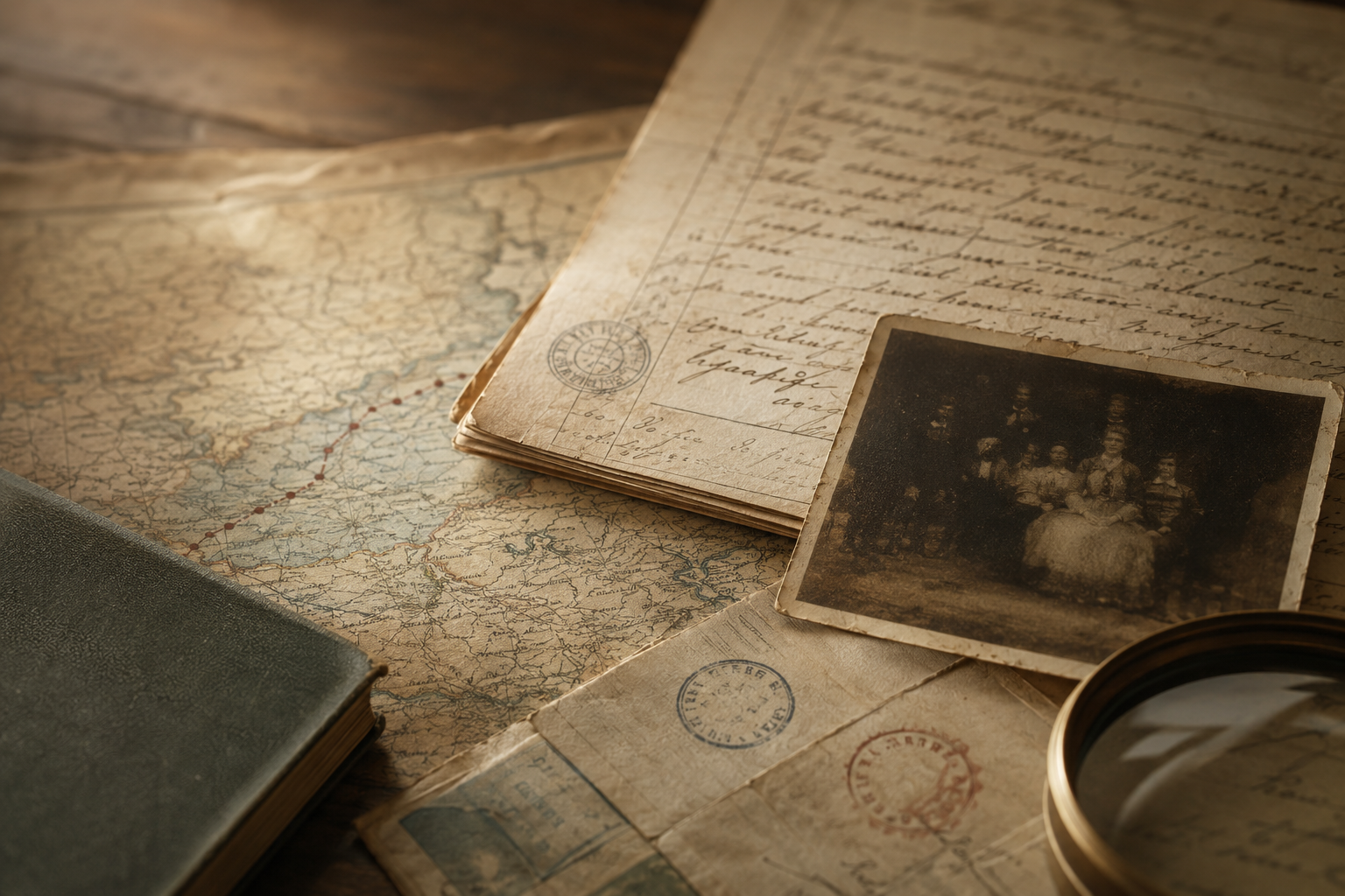 Historic records, a map, family photograph, and magnifying glass on an archive table
