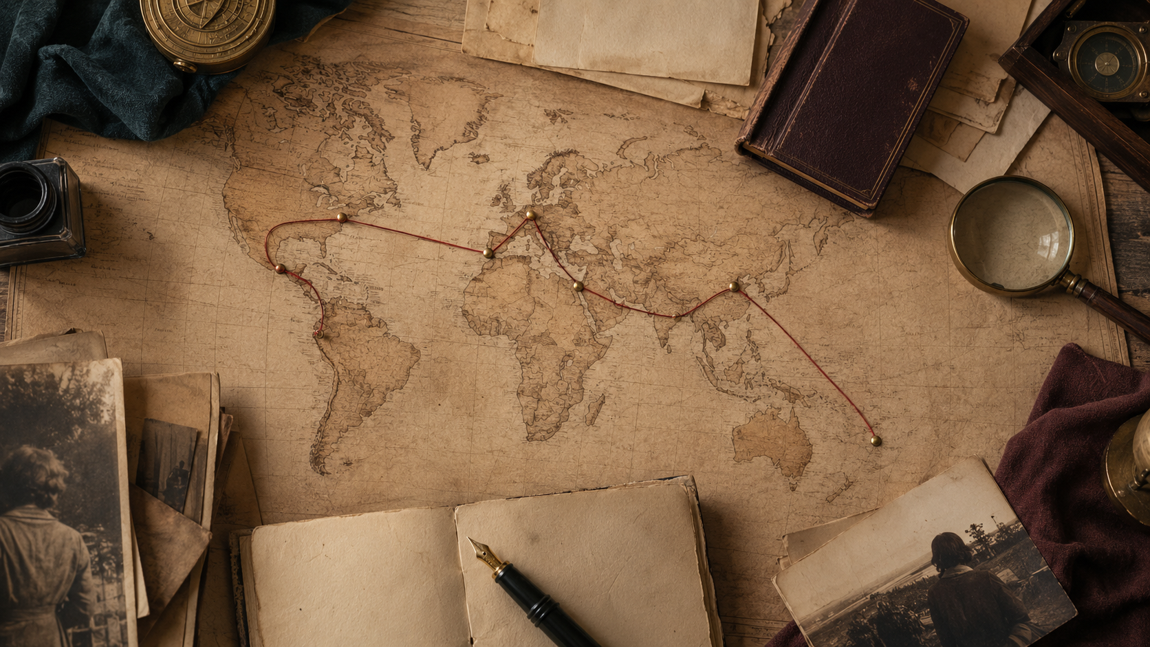 Archival map, historical documents, and a route illustrating a family research journey